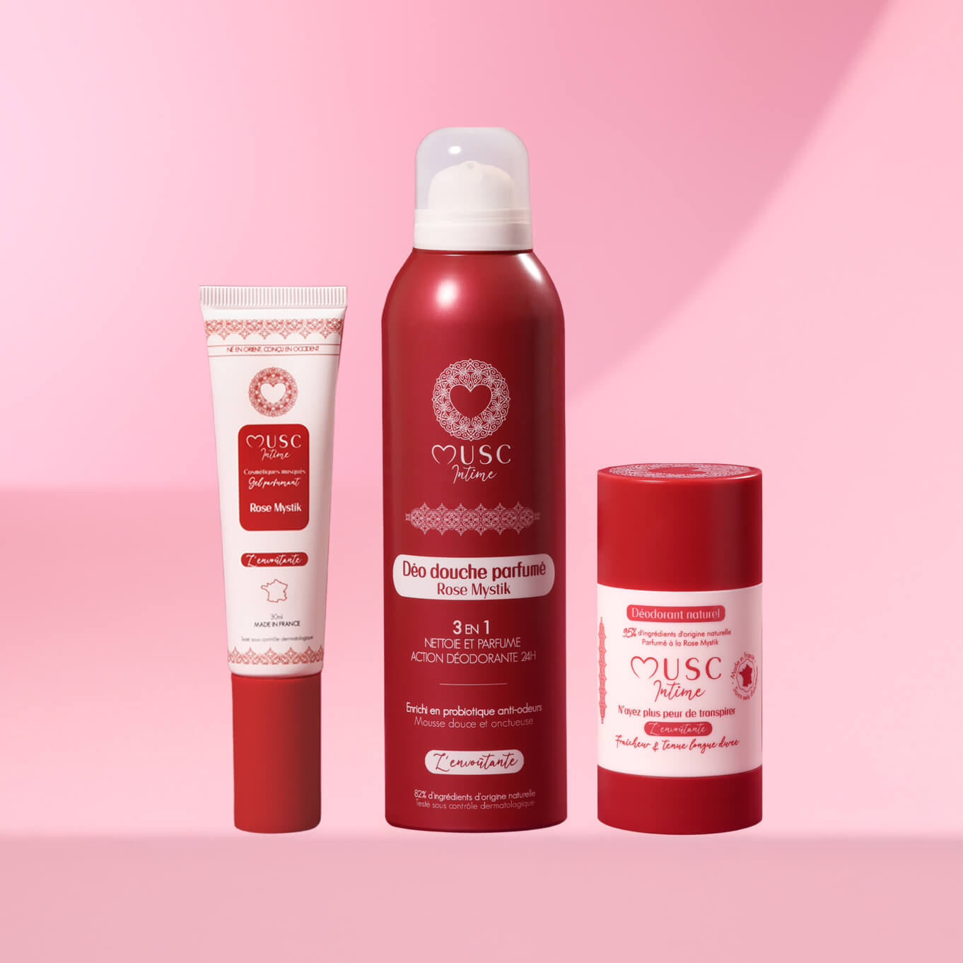 Gel parfumant, Déo douche et Déodorant solide à la Rose Mystik