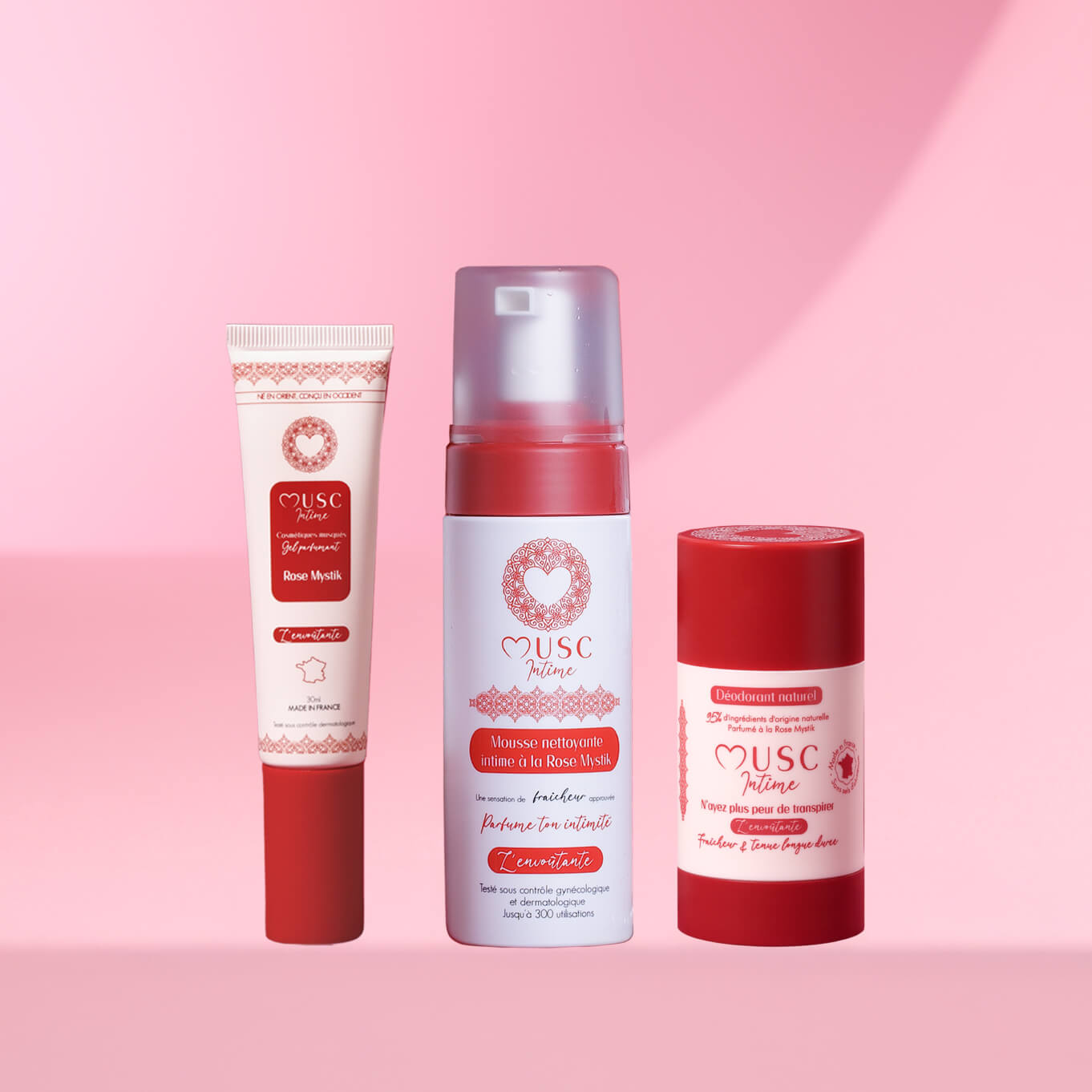 Gel parfumant, Déodorant solide et Mousse nettoyante Intime à la Rose Mystik