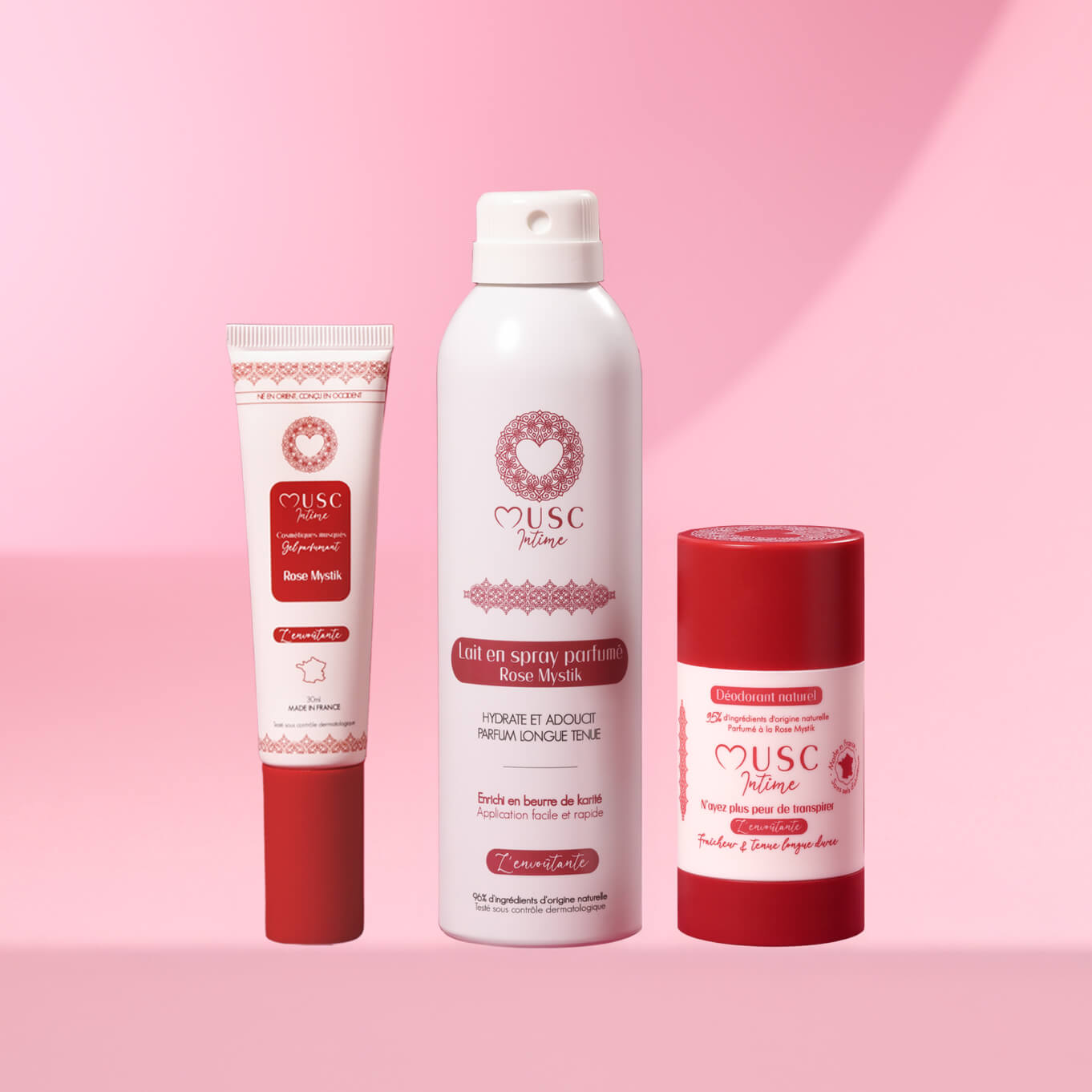 Déodorant solide, Lait en spray et Gel parfumant à la Rose Mystik