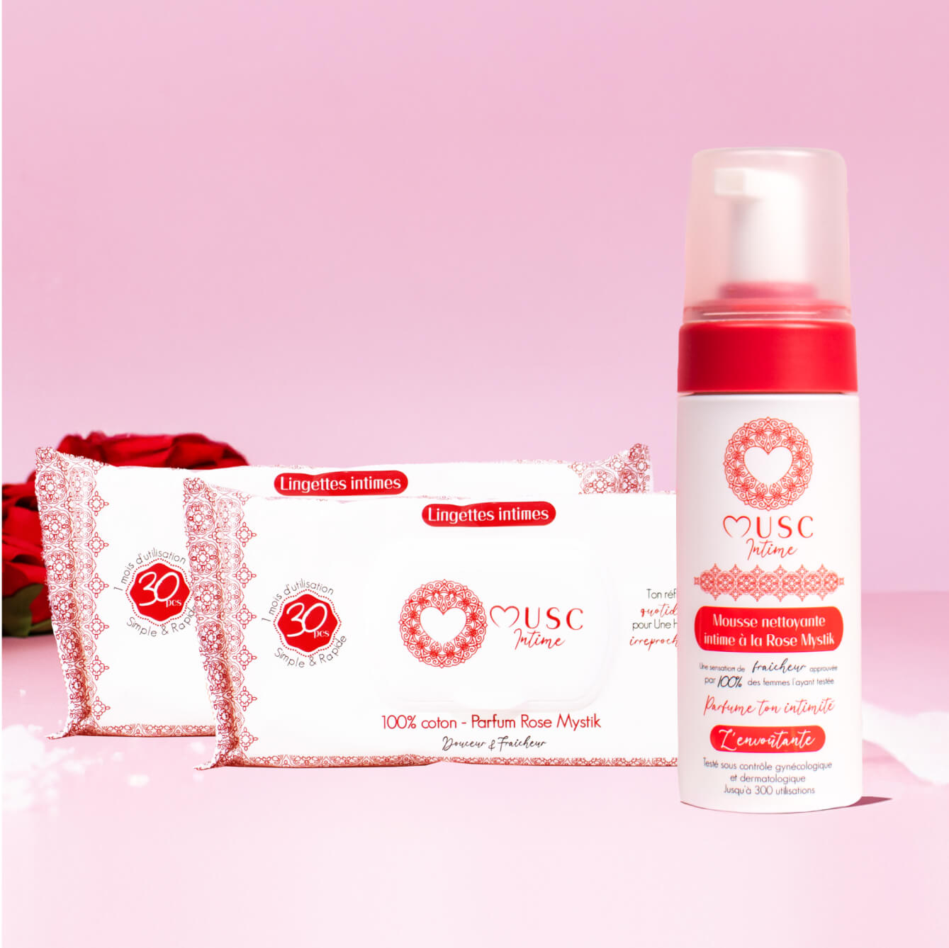 Mousse nettoyante intime + 2 paquets de Lingettes toilette Intime à La Rose Mystik