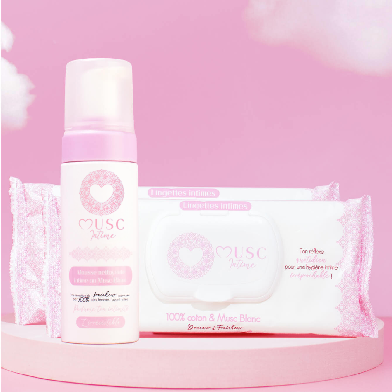 Mousse nettoyante Intime + 2 paquets de Lingettes toilette Intime au Musc Blanc